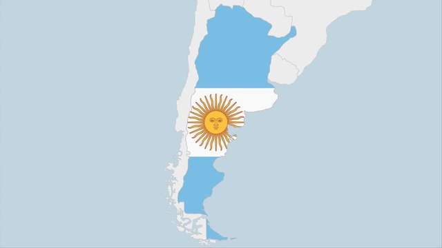 Argentina map highlighted in Argentina flag colors and pin of country capital Buenos Aires.