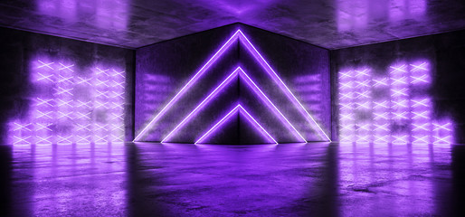Neon Cyber Sci Fi Futuristic Modern Stage Podium Triangle Shaped Purple Glowing Led Laser Dance Club Lights Dark Grunge Concrete Reflective Room Empty Space 3D Rendering