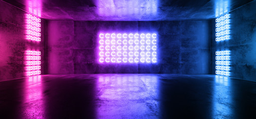 Sci Fi Futuristic Neon Led Laser Glowing Modern Elegant Empty Dark Vibrant Blue Purple Glowing Stage Podium Lights On Reflective Grunge Concrete Tunnel Corridor Club Room 3D Rendering