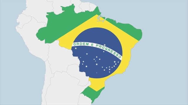 Brazil map highlighted in Brazil flag colors and pin of country capital Brasilia.