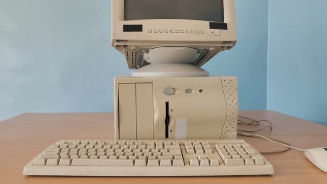 Retro Computer With Keyboard And Monitor, Mouse On The Table 