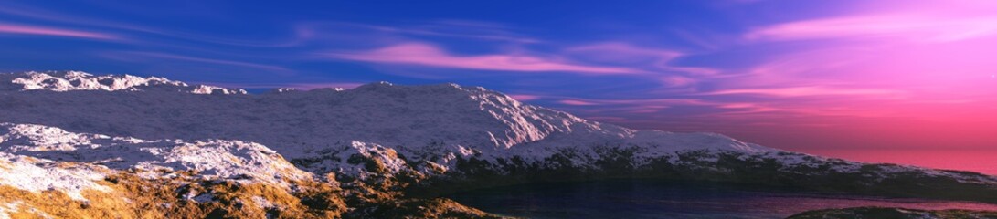 Snow-covered slopes melt at sunset, panorama of snowy peaks at sunrise, 3D rendering