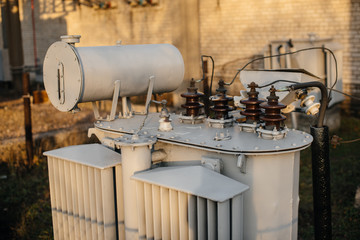 Power transformer at the electrical substation. Power engineering. Industry