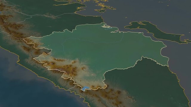 Sumatera Selatan, province with its capital, zoomed and extruded on the relief map of Indonesia in the conformal Stereographic projection. Animation 3D
