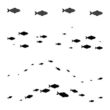 Vector element of black silhouette of fish in shoals swimming in wave line isolated on white background