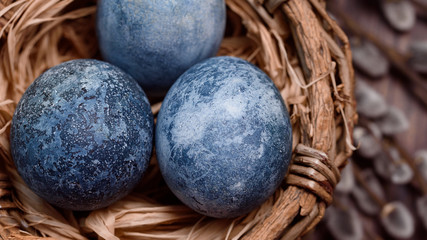 Blue Easter eggs and bouquet of willow flowers on rustic table wood. Naturally Eggs painted with hibiscus with marble stone effect .