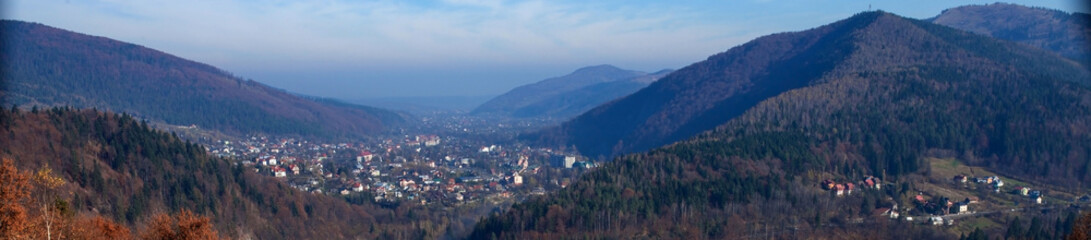 Fototapeta na wymiar A small town between the mountains in Ukraine, the Carpathians