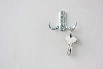 bunch of metal keys hangs on a hook.