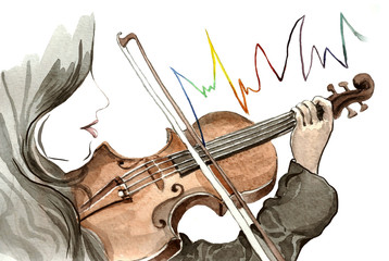 Stock illustration watercolor painted. The girl plays the violin, drawing is drawn on a white background