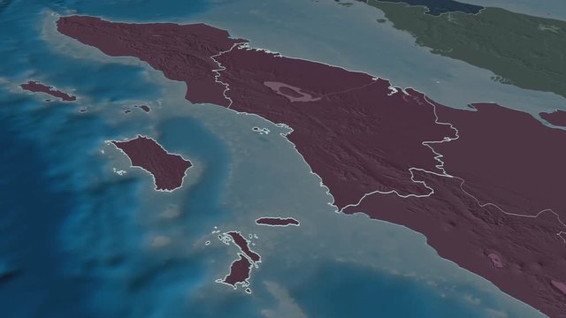 Sumatera Utara, province with its capital, zoomed and extruded on the administrative map of Indonesia in the conformal Stereographic projection. Animation 3D