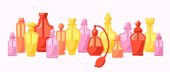 Fototapeta na wymiar Vector cartoon set of colourful perfume bottles on the white background for game and cosmetic markets banners. All elements are isolated. Pink orange yellow colors. Modern flat style. 3D beauty bottle