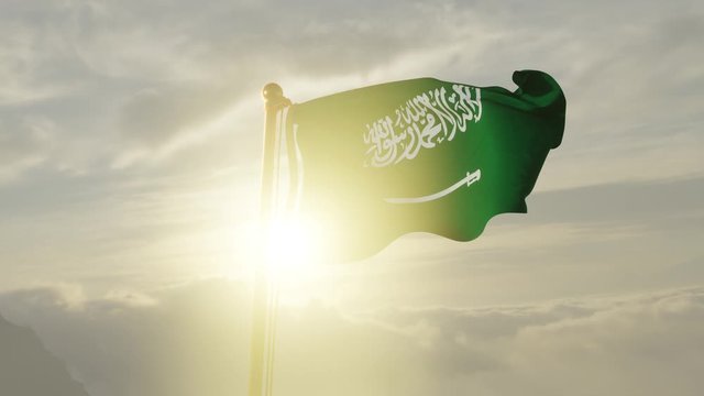 Flag of Saudi Arabia Waving in the wind, Sky and Sun Background, Slow Motion, Realistic Animation, 4K UHD 60 FPS Slow-Motion