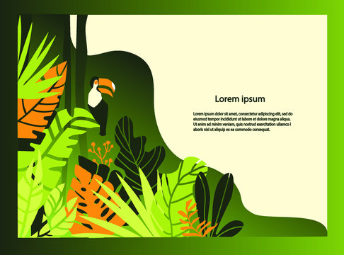 Vector illustration for landing page with tropical landscape, leaves and toucan. Cartoon style. For children books, web banners, flat design, poster. Green and yellow gungle. All elements are isolated
