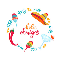 Hola Amigos poster with sombrero, maracas, margarita and chili pepper © LiluArt