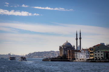 View on the Ortaköy mosque with the city of Istanbul on the background. Built in 1854 on the...