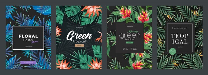 Set of Bright tropical backgrounds with jungle plants. Exotic patterns with tropical leaves © stonepic