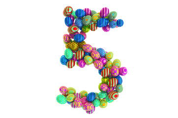 Number 5 from colored Easter eggs, 3D rendering