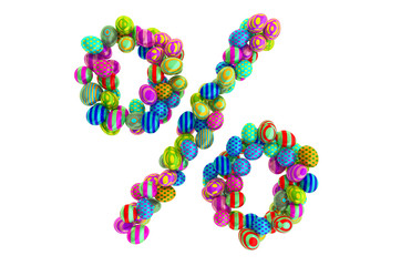 Percent sign from colored Easter eggs, 3D rendering