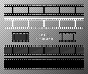 Set of film vector stripes isolated on transparent background. Film strip roll. Vector cinema background. EPS 10. Vector
