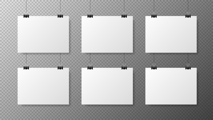 Big set blank white gorizontal poster template on transparent with gradient background. Affiche, paper sheet hanging on a clip. Realistic objects on image. Vector