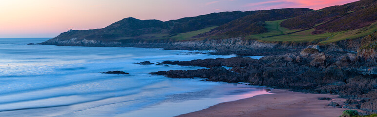 Panoramic shot overlooking Combesgate Beach Devon