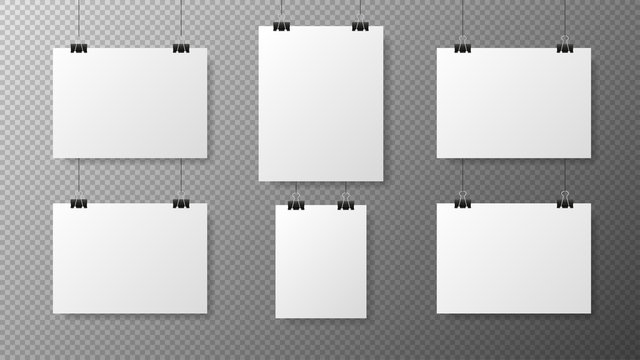 Big set blank white poster template on transparent with gradient background. Affiche, paper sheet hanging on a clip. Realistic objects on image. Vector