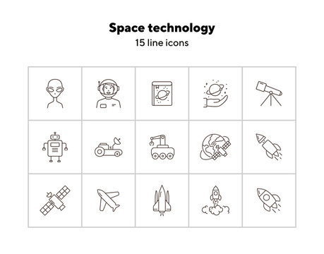 Space technology icon set. Planet and satellite, robot, telescope. Space technology concept. Vector illustration can be used for topics like space, technologies, universe