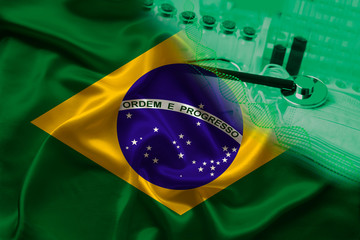 medical test tubes, stethoscope in the corner of the silk national flag of the state of Brazil,...