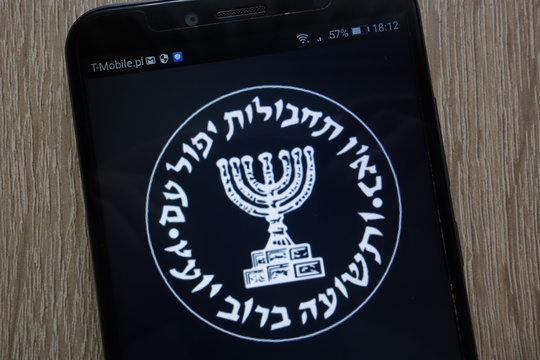 KONSKIE, POLAND - SEPTEMBER 06, 2018: Mossad, Israeli Secret Intelligence Service logo displayed on a modern smartphone