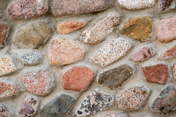 Flat detail view of a wall made from different stones. Abstract stone background.