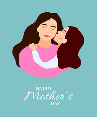 Mother with her daughter. Card fof Happy Mothers Day. Vector illustration with beautiful woman and child.