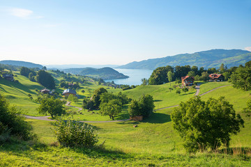idyllic rural landscape above Krattigen village, with view to lake thunersee, switzerland