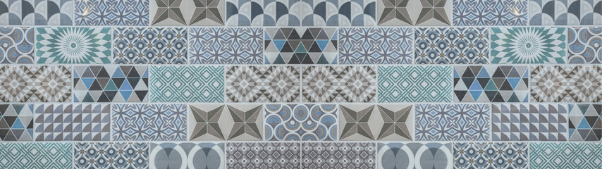 Blue white vintage retro geometric square flower motif tiles texture background banner panorama