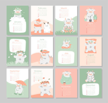 calendar or planner 2021 kawaii cartoon ox, bull or cow, symbol of new year, cute characters. Cover and 12 monthly pages. Week starts on Monday, vector © Kislinka_K