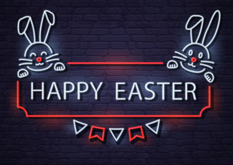Happy Easter, neon greeting card with bunnies. Dark retro brick wall background. White and red colors. Vector illustration