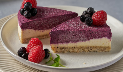 raw vegan double-layer cake with black currant on a light gray background under a concrete texture. Healthy eating, delicious dessert without baking