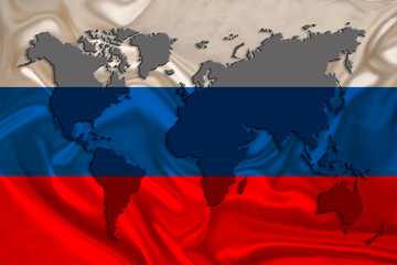 silhouette of a world map on the silk national flag of the modern state of Russia with beautiful folds, concept of tourism, travel, emigration, global business
