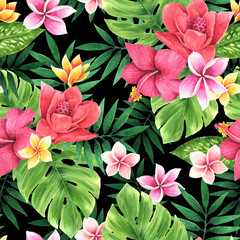 Panele Szklane  Kwiatowy wzór tropikalnych kwiatów i liści. Ilustracja tapety botanicznej w stylu hawajskim