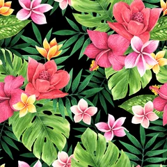 Nahtloses Blumenmuster aus tropischen Blumen und Blättern. Botanische Tapetenillustration im hawaiianischen Stil © Anna