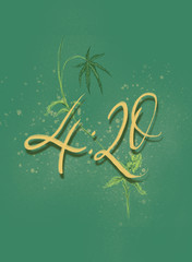 4:20 branch with hemp leaves, yellow inscription on a green background. Use as poster, wallpaper, postcard, product packaging design, clothes, t-shirts, shop, coffeeshop. Drugs, legalization, cannabis