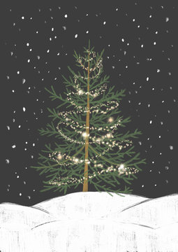 Christmas tree pine, spruce with the lights on an isolated dark background. Coniferous tree with needles on the branches. New Year card. Dark background with snow and snowflakes. Use as a poster