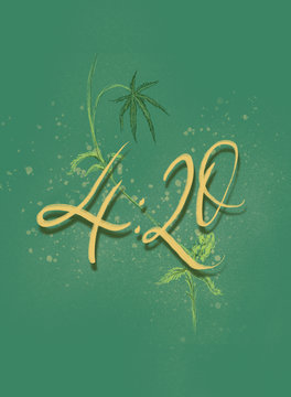 4:20 branch with hemp leaves, yellow inscription on a green background. Use as poster, wallpaper, postcard, product packaging design, clothes, t-shirts, shop, coffeeshop. Drugs, legalization, cannabis