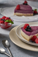 raw vegan double-layer cake with black currant on a light gray background under a concrete texture. Healthy eating, delicious dessert without baking