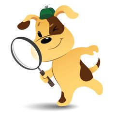 funny cartoon detective dog looking for items with a magnifying glass on white background. vector illustration .