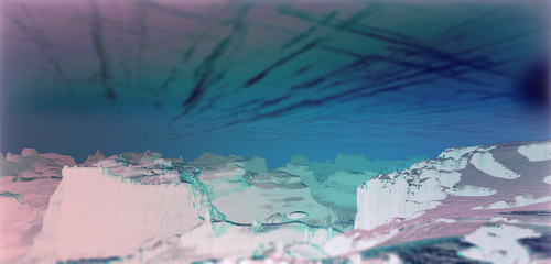 abstract three-dimensional composition: ice surface over stone blocks and debris blue colors, 3d rendering