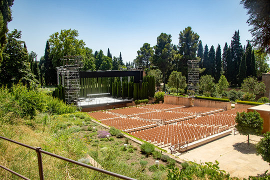 Empty summer theater concert auditorium hall without people at Generalife Gardens, Alhambra, Granada, Spain