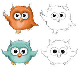 Illustration funny cartoon orange jumping owl and blue turquoise happy owl isolated on white background with contour for children coloring book with colored example