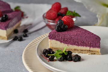 raw vegan double-layer cake with black currant on a light gray background under a concrete texture. Healthy eating, delicious dessert without baking