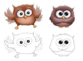 Illustration funny cartoon flying cute happy owl brown isolated on white background with contour for children coloring book with colored example