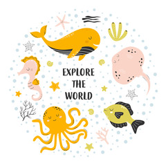 cute card with sea animals on white, explore the world